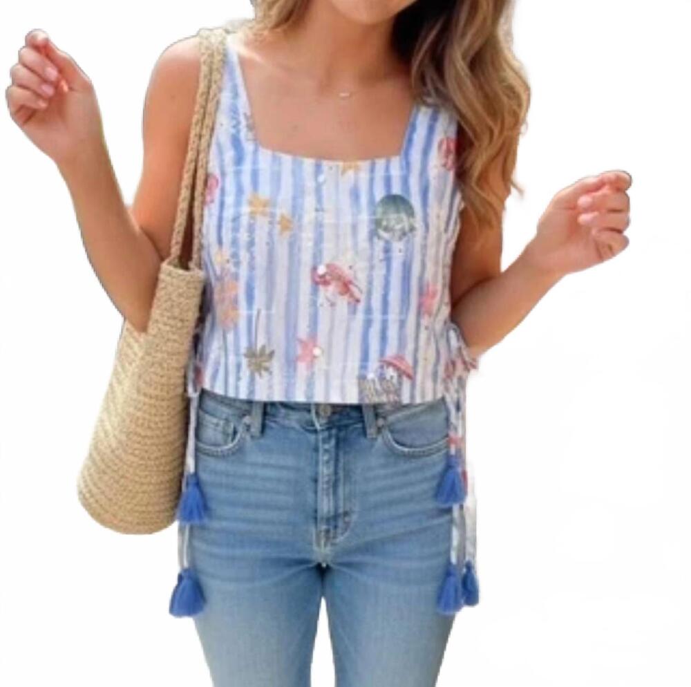 NEW ENTRO summer print crop top in blue stripe